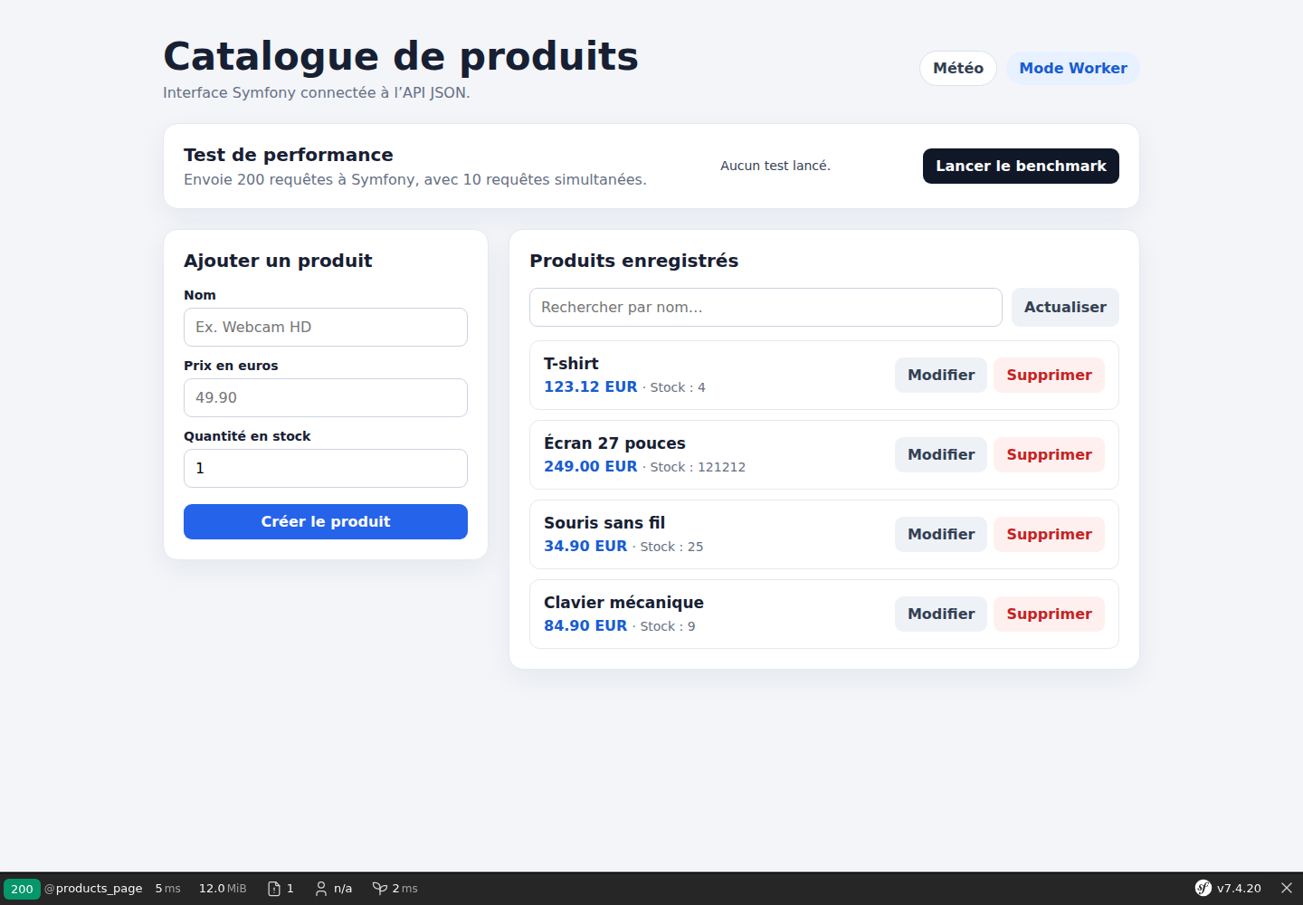 Interface du catalogue Symfony exécutée avec FrankenPHP en mode Worker