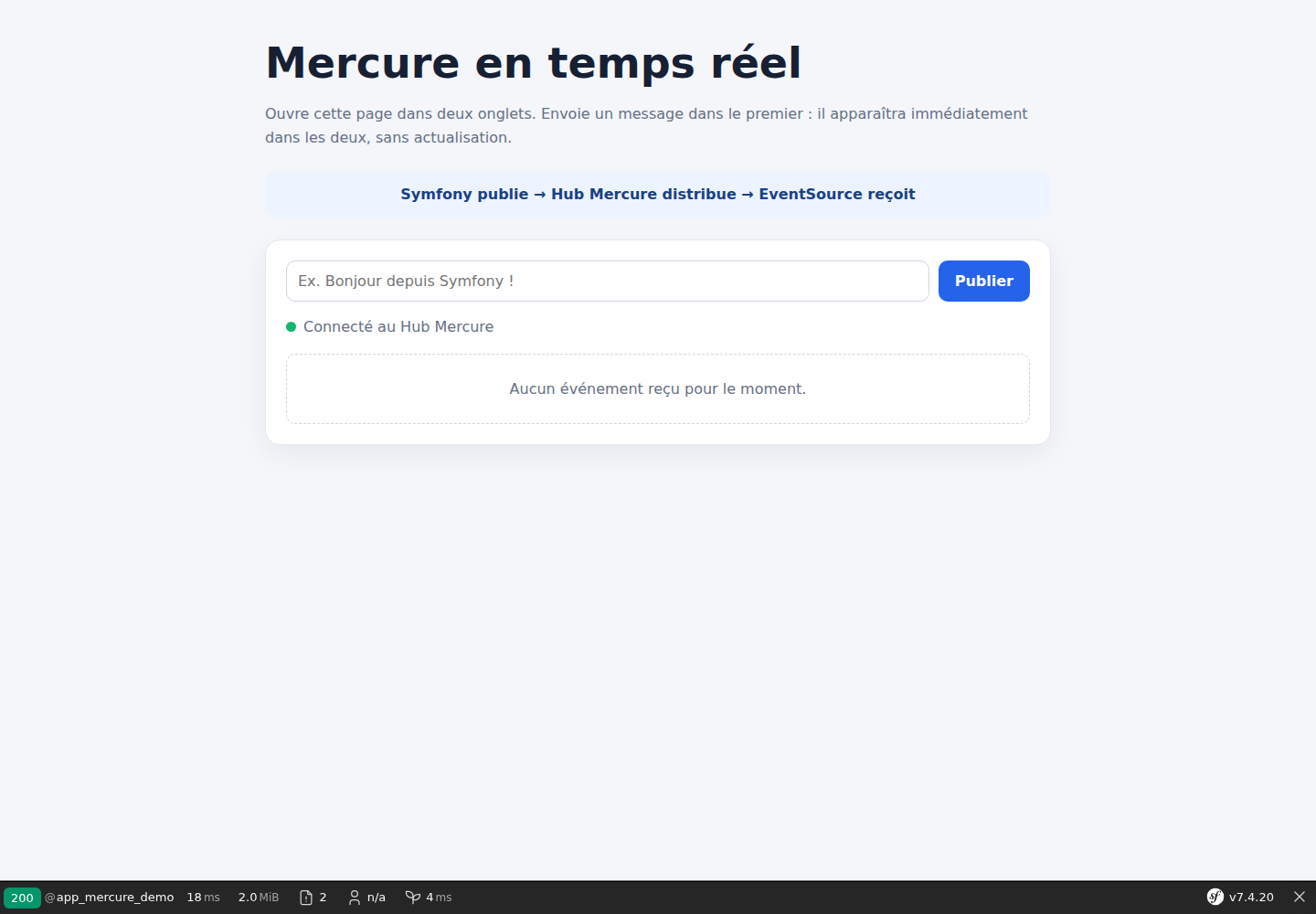 Interface Symfony connectée au Hub Mercure